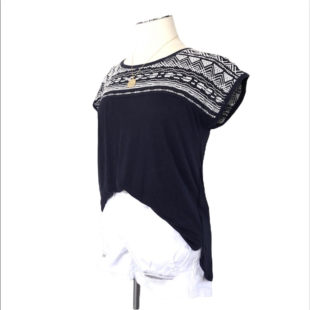ESPRIT Aztec Embroidered Cotton Blend Cap Sleeve Tee Top Navy White Sz XS - Picture 10 of 10
